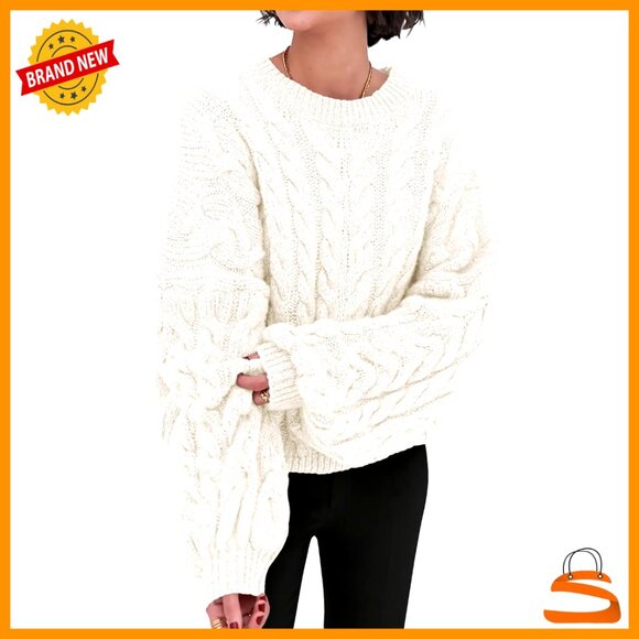 Oversized Cable Knit Pullover Sweater Loose Fit Chunky Knit Crewneck